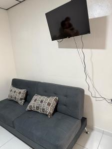 a blue couch with two pillows and a flat screen tv at Rincón del Cielo in Santa Ana