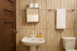 Un baño con lavabo, inodoro y espejo. en Apartamento com quarto e frigobar, en Santarém