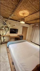 a bedroom with a bed and a tv in a room at Solar Kaeté - Suíte Varandas - Lençóis Maranheses in Santo Amaro