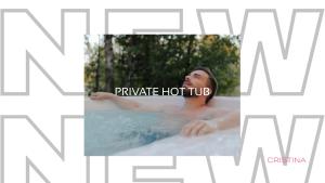 a man in a bath tub with a sign that reads private hot tub at "Tropical Vibe" Private Jacuzzi, Free beach club & Rooftop Pools in Tulum