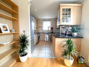 a kitchen with two potted plants in a room at CB Stays - 2 Bedroom & 2 Toilet Flat - Near Mills Road and Train Station with Parking in Cambridge