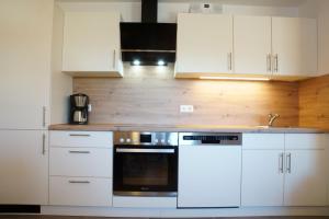 ゼークにあるBauernhof Hipp Ferienwohnungの白いキャビネットとオーブン付きのキッチン +18枚の写真