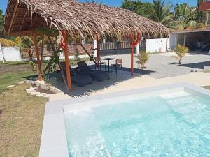ボホールにあるDom's Oaseのスイミングプールとわら小屋のあるリゾート