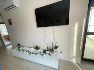 sala de estar con TV en una pared con plantas en Sunny Varvara Apartment, en Varna