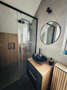 a bathroom with a sink and a mirror at Apartament PLAY in Pietrzykowice