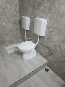 a white toilet in a bathroom with a stone wall at Home stay in varanasi by gaurav in Ahraurā Road