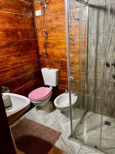 Un baño con inodoro, lavabo y ducha. en Cabaña De Montaña Ámber II, en San Carlos de Bariloche