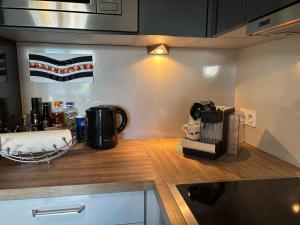 a kitchen with a counter top with a coffee maker at Robertsau, jardin en ville in Strasbourg +16 photos