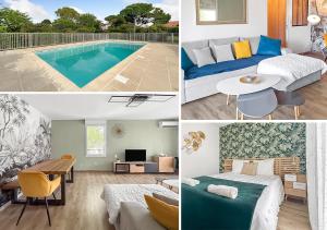 a collage of pictures of a bedroom and a pool at T3 Cosy climatisé à Albi avec Terrasse, & Parking in Albi