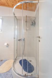 a shower with a glass door in a bathroom at Cozy Beachfront Cottage with Sea Loungers & Outdoor Shower near Eretria in Eretria +28 photos
