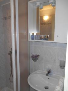 a bathroom with a sink and a shower with a mirror at Apartment Belici in Brseč