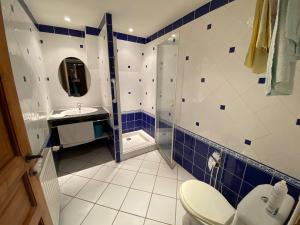 une salle de bains avec douche, toilettes et lavabo dans l'établissement Longère 7 personnes - 4 chambres - 3 SdB Orcival, à Vernines 38 autres photos