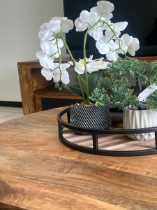 una mesa con un jarrón con flores blancas. en The Nest at Greenstone Gate, en Vosburg