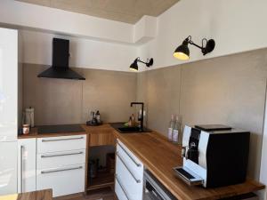 eine Küche mit einer Arbeitsplatte und einer Mikrowelle in der Unterkunft EifelQuartier L8 in Schleiden