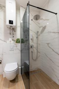 a bathroom with a toilet and a glass shower at Apartman 51 Sarajevo in Donje Mladice +9 photos