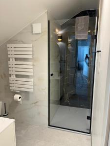 a glass shower in a bathroom with at Apartamenty Leśna Przystań Kazub nr 12 in Cieciorka +10 photos