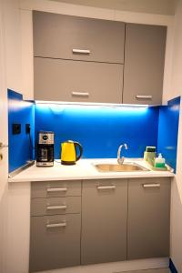 a kitchen with a sink and a blue wall at Syntagma Plaka Suite by Zeussuites in Athens