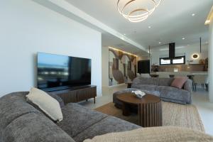 a living room with a couch and a flat screen tv at Adria Resort SEAFRONT Villa C Private Pool Pet Friendly in Zaton