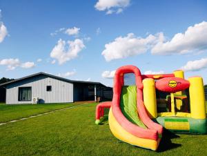 a playground with a slide on a grass field at Sodyba Miško pakrašty in Gailiūnai