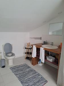 a bathroom with a sink and a toilet and a mirror at Casa das Bonecas in São Martinho do Porto +24 photos