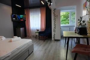 a bedroom with a bed and a desk and a table at Eve's Place in Brăila