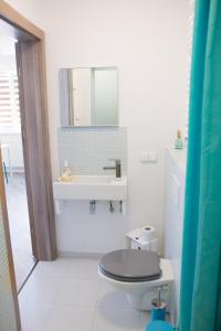 a bathroom with a toilet and a sink and a mirror at Pensjonat Lazytown in Pogorzelica +36 photos