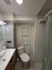 a bathroom with a toilet and a sink and a shower at Penzion Cohla - Nová Paka in Nová Paka +21 photos