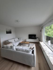 a living room with white furniture and a large window at Ferienhaus Ruhepol in Bad Harzburg