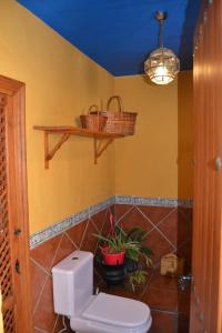 a bathroom with a toilet and a shelf with baskets at La Casita Azul in Fuengirola