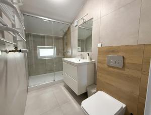 a bathroom with a toilet and a sink and a shower at Chatka Morska 3 Apartamenty in Karwia