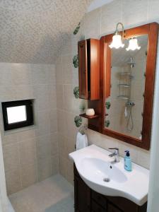 ein Badezimmer mit Waschbecken, Dusche und Spiegel in der Unterkunft Pensiunea Mars House in Ciocăneşti + 77 Fotos