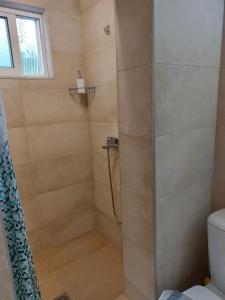 a shower with a glass door in a bathroom at Soldatos Rooms in Marantochori +102 photos