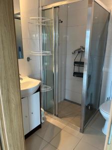 a bathroom with a shower and a sink and a toilet at Apartamenty Kormoran in Sarbinowo +38 photos