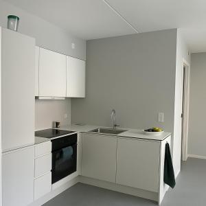 a white kitchen with a sink and a stove at JG-Central Apartment Odense C in Odense +1 photo