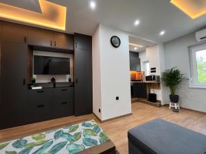 a living room with a clock on a wall at Fehér Balaton Apartman in Balatonalmádi