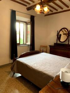 a bedroom with a large bed and a mirror at La tua casa a Pitigliano in Pitigliano