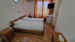 a bedroom with a bed and a television in it at Pensiunea Olimp in Arad