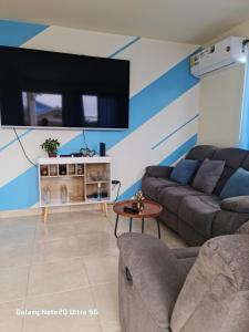 a living room with a couch and a flat screen tv at House with two bedrooms available near the beach in Bique +19 photos