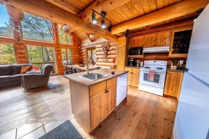 een keuken en woonkamer van een blokhut bij L'Antaya - SPA Mountain in Saint-Philémon