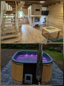 two pictures of a hot tub in a backyard at Bieszczadzki Bohater Domki 533-502-137 in Polańczyk