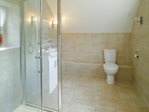 a bathroom with a shower and a toilet and a sink at Two Bridge Cottage in Winsham +3 photos