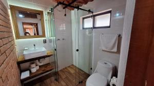 a bathroom with a shower and a toilet and a sink at Cabaña Corazón del Bosque in Huasca de Ocampo