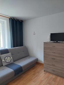a living room with a couch and a tv at Wypoczynkowo in Stegna