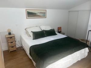 タランスにあるAppartement de charme avec accès piscineのベッドルーム1室(大型ベッド1台、緑のシーツ付)