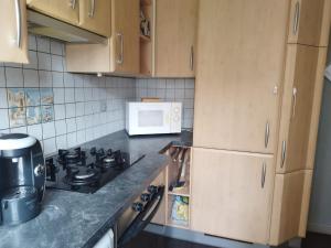 a kitchen with a stove and a microwave at Chambre 3 avec un lit simple in Strasbourg