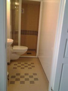 a bathroom with a toilet and a sink and a shower at Lunheim in Geiranger in Geiranger