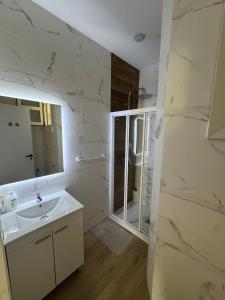 a white bathroom with a sink and a shower at Suites Larios in Málaga