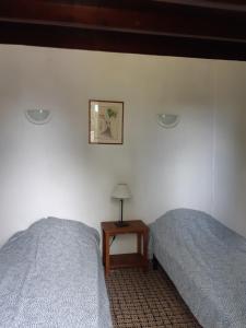 a bedroom with two beds and a table with a lamp at Gite au calme in Rétaud
