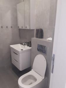 ein Badezimmer mit weißer Toilette und Waschbecken in der Unterkunft Dvosoban stan Akacija Trebinje in Trebinje + 18 Fotos