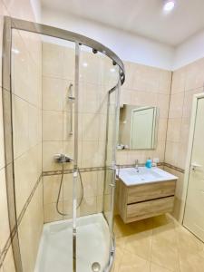 a bathroom with a shower and a sink at Lovely Rooftop Apartment in Golem
